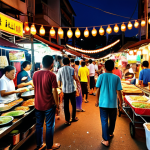 **A bustling Malaysian street food market (pasar malam) at night, vibrant with colorful lights, filled with people enjoying various local dishes like nasi lemak and satay.**