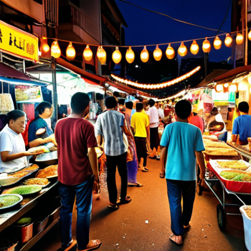 Home 11 **A bustling Malaysian street food market (pasar malam) at night, vibrant with colorful lights, filled with people enjoying various local dishes like nasi lemak and satay.**