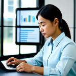 A focused professional, possibly a Malaysian woman, in a modest business blouse and tailored trousers, sits at a modern desk, meticulously analyzing information across a large tablet and a laptop screen. Her expression is thoughtful and critical, reflecting deep concentration on discerning facts from a vast array of digital data. The background is a clean, well-lit co-working space with blurred abstract digital elements, subtly suggesting the flow of information. This scene emphasizes digital literacy and responsible information consumption. Fully clothed, appropriate attire, safe for work, perfect anatomy, correct proportions, natural pose, well-formed hands, proper finger count, natural body proportions, professional photography, high quality, family-friendly content.