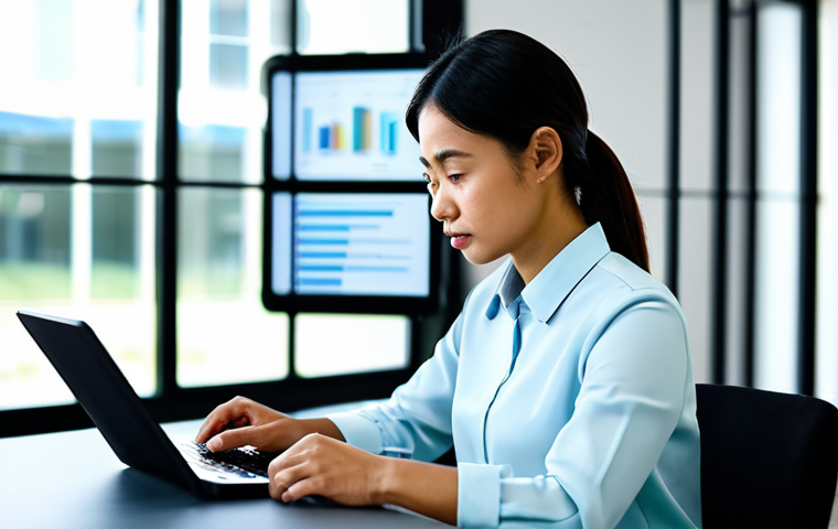 A focused professional, possibly a Malaysian woman, in a modest business blouse and tailored trousers, sits at a modern desk, meticulously analyzing information across a large tablet and a laptop screen. Her expression is thoughtful and critical, reflecting deep concentration on discerning facts from a vast array of digital data. The background is a clean, well-lit co-working space with blurred abstract digital elements, subtly suggesting the flow of information. This scene emphasizes digital literacy and responsible information consumption. Fully clothed, appropriate attire, safe for work, perfect anatomy, correct proportions, natural pose, well-formed hands, proper finger count, natural body proportions, professional photography, high quality, family-friendly content.